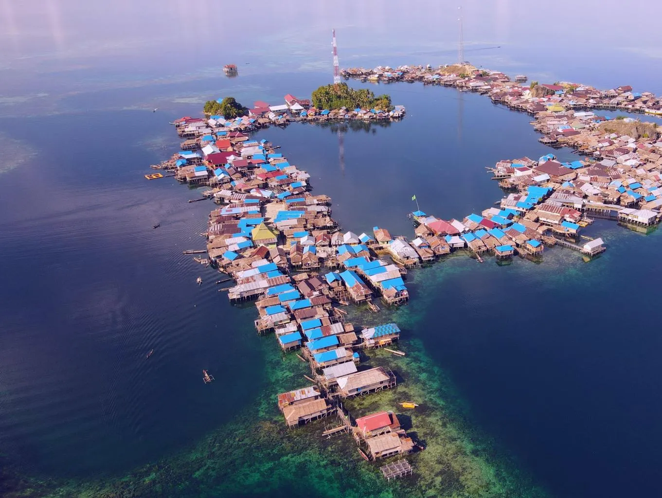 Aerial view of Kabalutan Bajo village on stilts, home of Sea Nomads in Togian Islands, Indonesia