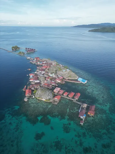 Aerial view of Pulau Papan fishing village built on stilts, Togian Islands, Sulawesi, Indonesia